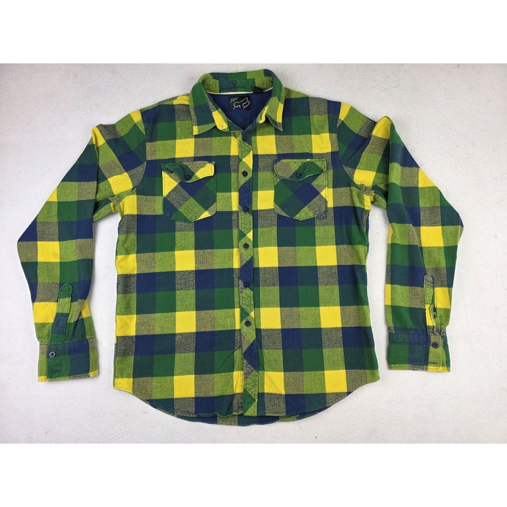 Fox Racing Plaid Flannel Shirt Green Yellow Check Button Up Long‎ Sleeve Large